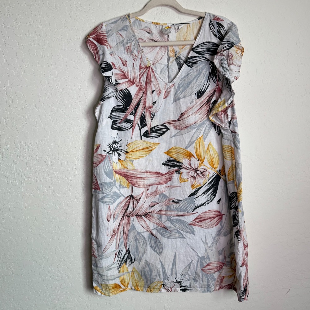 C&C Californiaโ Womens XL Linen Tropical Floral Ruffle Sleeve V-Neck Shift Dress